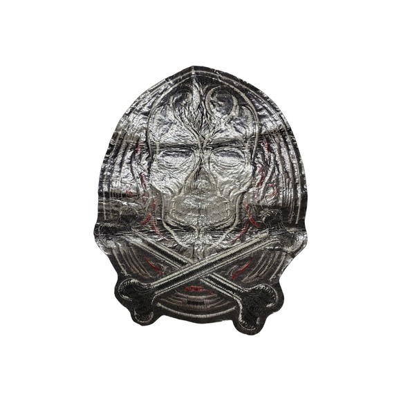 Red Black Silver Shimmering Silk Needlework Skull & Cross Bones Large Patch - Picture 2 of 3